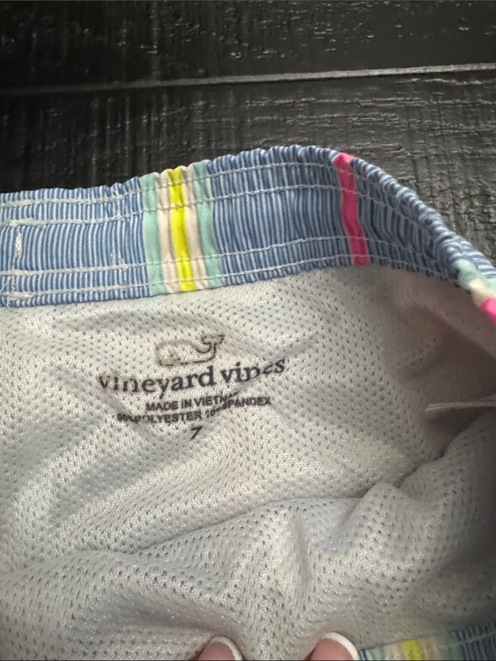 Vineyard Vines Kids Swim Trunks - Light Blue with Pink & Yellow Stripes